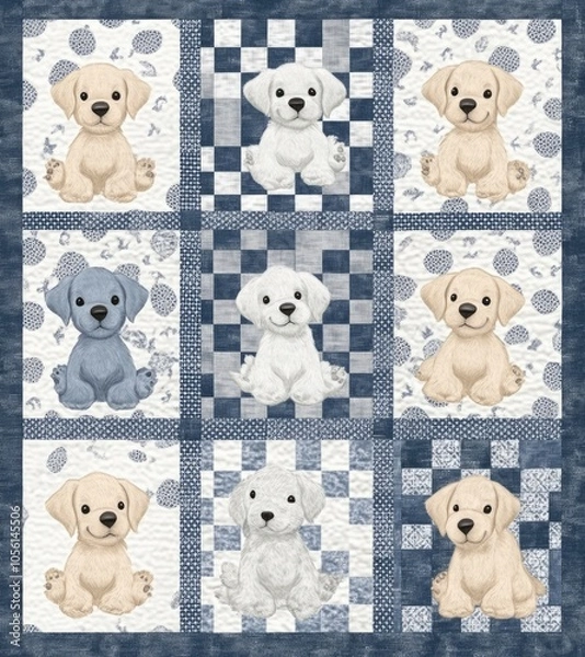 Fototapeta patchwork design with checkered patterns in grey, blue, and white, 