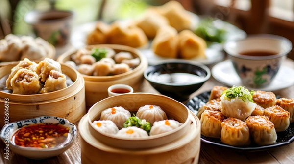 Obraz A variety of Chinese dim sum dishes served on a wooden table with dipping sauces.