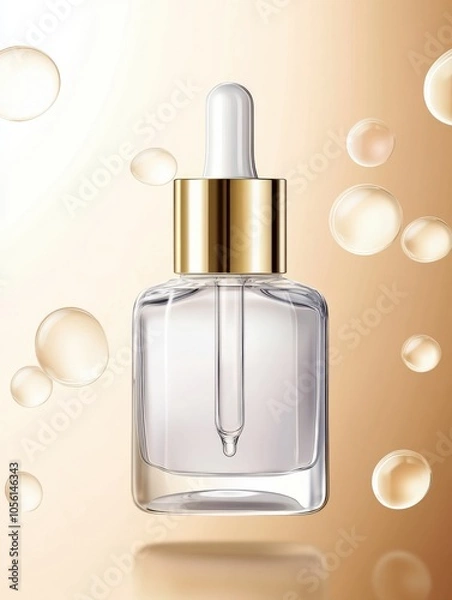 Fototapeta Luxurious Glass Serum Bottle with Gold Cap Surrounded by Floating Oil Droplets