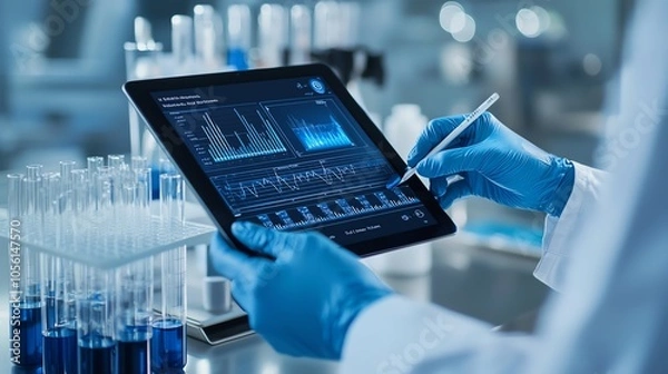 Obraz A scientist using a tablet in a laboratory, analyzing data on a digital screen with test tubes in the background.