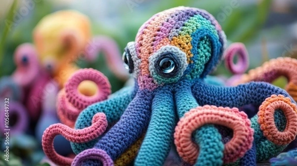 Fototapeta A handcrafted crochet octopus illustrated in blue and pink shades, reflecting a blend of artistic creativity and craftsmanship, perfectly highlighted in detail.