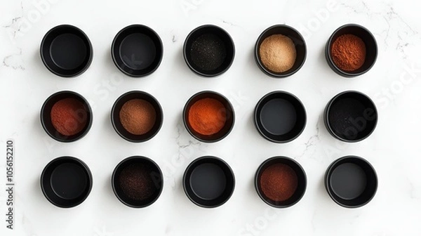 Fototapeta  Row of colorful eyeshades on white surface with marble background