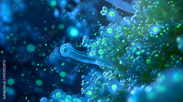 Obraz Abstract blue and green 3D rendering of a virus or cell with a blurred background.