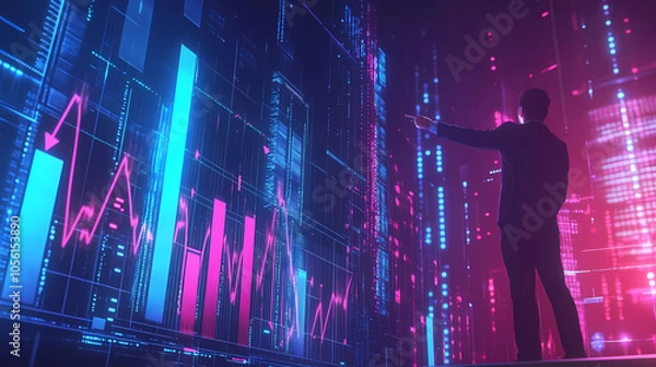 Fototapeta Back view of businessman pointing with finger at abstract glowing forex chart interface. Stock market concept. Double exposure