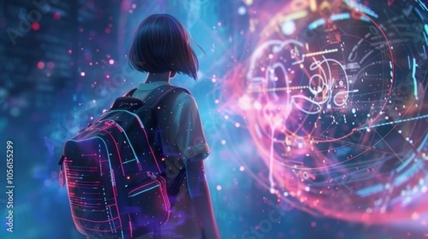 Fototapeta Student with a futuristic backpack is observing a large, complex hologram displaying data and information, suggesting advancements in education and technology within a smart city environment