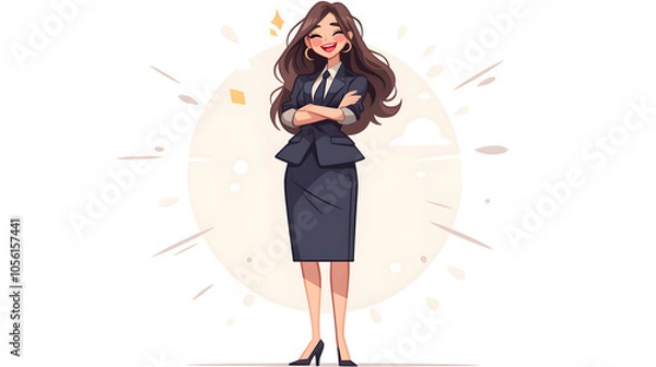 Obraz Confident businesswoman with arms crossed, smiling and wearing a suit, standing against a white background with a circular shape behind her.