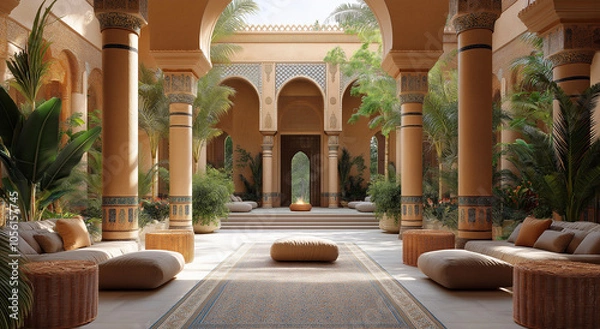 Fototapeta Luxurious Moroccan Style Courtyard with Arched Architecture