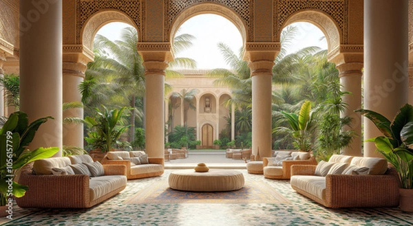 Fototapeta Luxurious Moroccan Style Courtyard with Arched Architecture