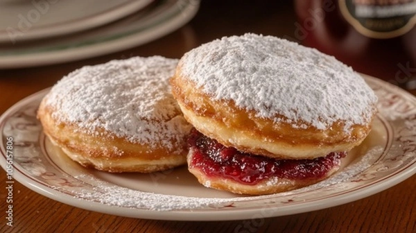 Fototapeta Two freshly baked, powdered sugar dusted donuts with raspberry jam filling on a white plate.
