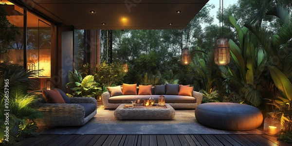 Fototapeta Outdoor Patio With Comfortable Seating And Ambient Lighting: A Cozy, Inviting Space Surrounded By Lush Greenery And Warm Candlelight For Relaxation