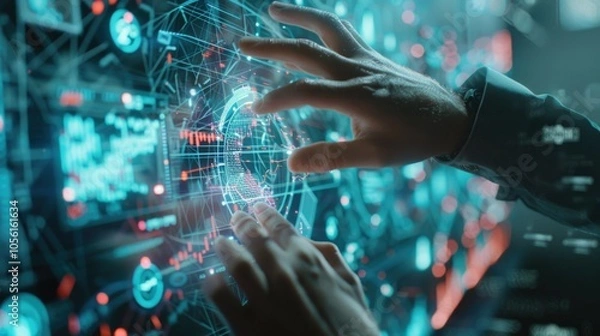 Fototapeta Hands interacting with futuristic virtual interface in digital network environment