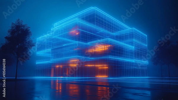 Fototapeta A blueprint of an office building a wireframe hologram render