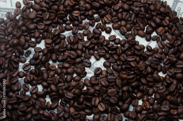Obraz coffee as a business, coffee beans on the background of dollars