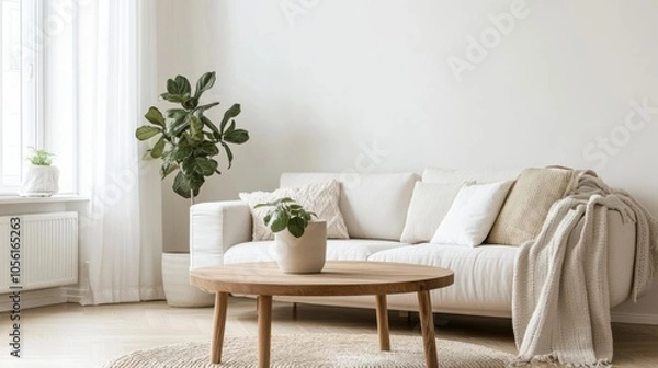 Obraz A bright and modern Scandinavian living room featuring a round wooden coffee table