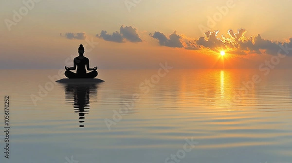 Fototapeta A person meditating on calm water during sunrise with beautiful colors reflecting off the surface