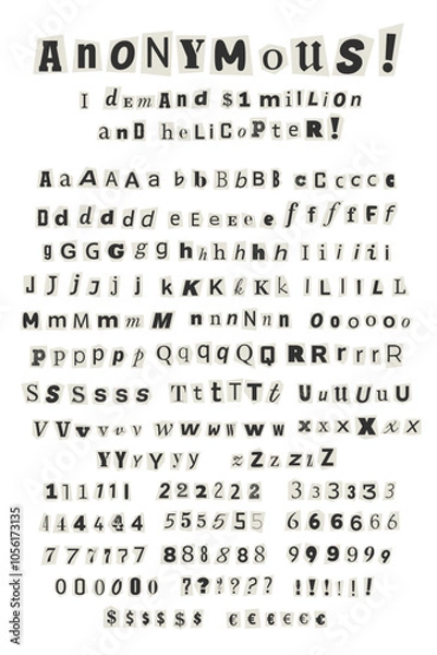 Obraz Anonymous criminal letters cut from newspapers and magazines. Cut out ransom vector letters alphabet. Black and white Blackmail or ransom kidnapper anonymous note font. Vector illustration.
