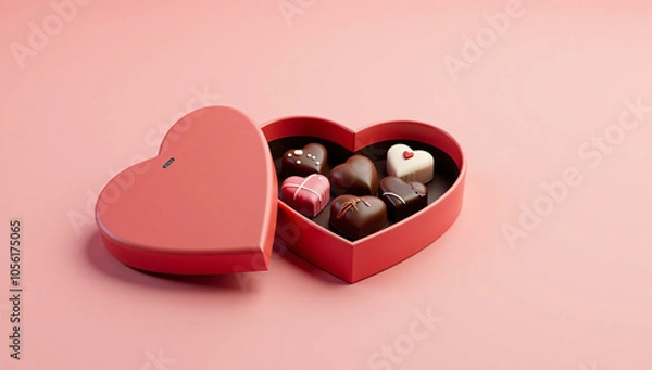 Fototapeta A heart-shaped red box filled with assorted gourmet chocolates in decorative designs, perfect for a romantic gesture or special occasion. Ideal for Valentine's Day, anniversaries, or gifts.