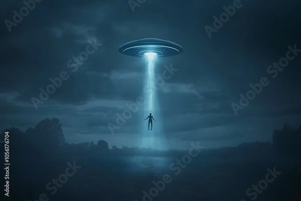 Fototapeta Alien abduction scene with a beam of light pulling a person upwards into a UFO above a dark, rural landscape, UFO