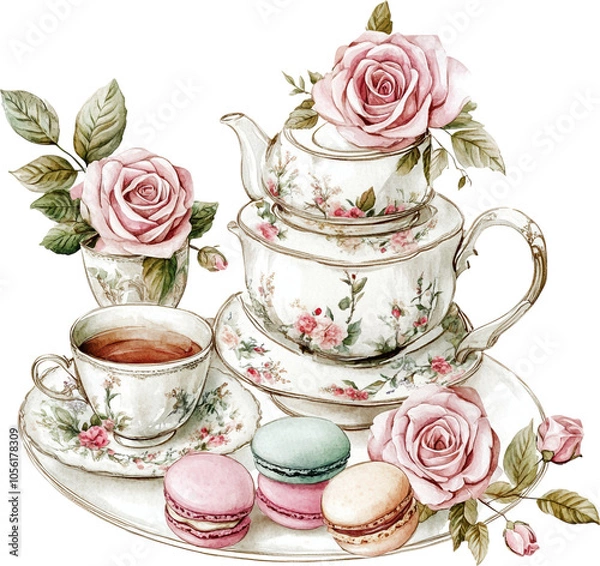 Fototapeta Elegant Tea Set with Macarons and Floral Decor on Serving Tray
