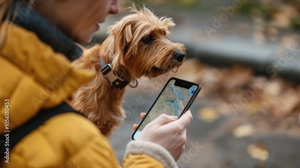 Fototapeta Woman with dog using navigation app on smartphone in autumn park setting GPS dog tracker