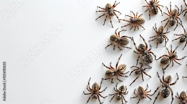 Fototapeta Creepy spiders on light background. Spooky Halloween composition with eerie elements, haunted vibes, and copy space for festive Halloween-themed designs and creepy decor.
