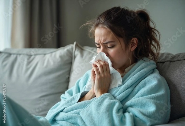 Obraz Sick day at home. Woman has runny and common cold