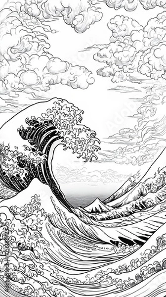 Fototapeta Color this intricate page inspired by Hokusai's 'The Great Wave of Kanagawa' with vibrant hues.