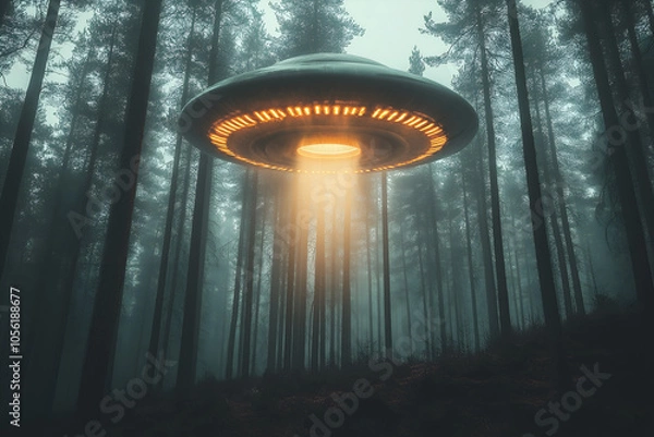 Fototapeta Alien spacecraft landing in a foggy forest, with lights piercing through the trees and an otherworldly glow in the sky, UFO
