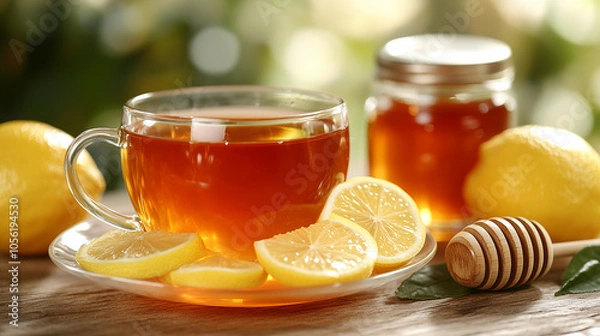 Fototapeta A cup of tea with lemon slices and honey on a wooden table, warm ambiance