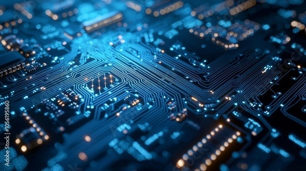 Fototapeta Close-up of an illuminated circuit board with blue lights