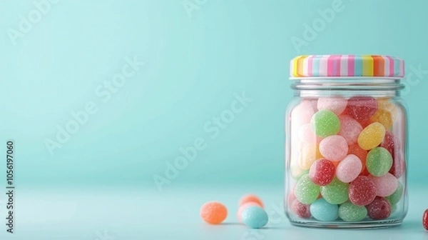 Fototapeta Glass jar of colorful jelly beans, striped pastel lid, vibrant pastel blue background, scattered candies, playful and cheerful composition, sweet and whimsical candy concept

