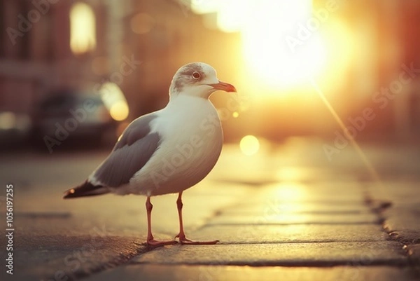 Fototapeta A seagull stands confidently on a cobblestone street as the sun rises in the background, evoking freedom and calmness.