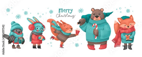 Fototapeta Set of festive winter forest animals: squirrel, bear, bunny, fox, bird. Christmas animals in sweaters and hats. Illustrations for holiday designs.