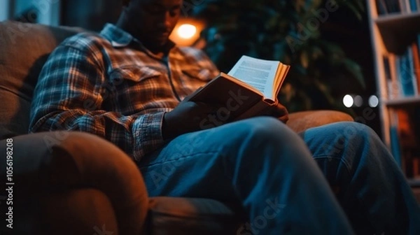 Fototapeta A man sits in a chair reading a book in a dimly lit room.