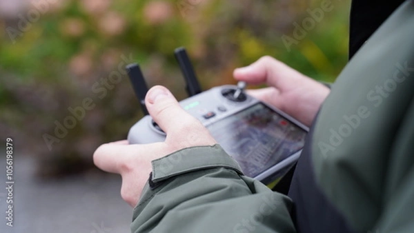 Fototapeta A man holds a drone remote control in his hands