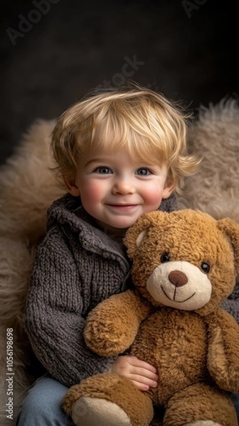 Fototapeta A young child with curly blond hair joyfully embraces a fluffy teddy bear. Dressed in a warm sweater, the child sits comfortably on a soft surface in a warmly lit room