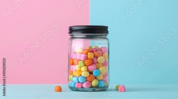 Fototapeta Jar of colorful candy pieces on pink and blue background, vibrant sweets in glass container, minimalistic design, cheerful candy jar, copy space for text

