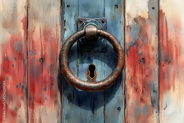 Fototapeta A close-up of a weathered door with a large, rusty knocker and a keyhole, showcasing rustic colors and textures.