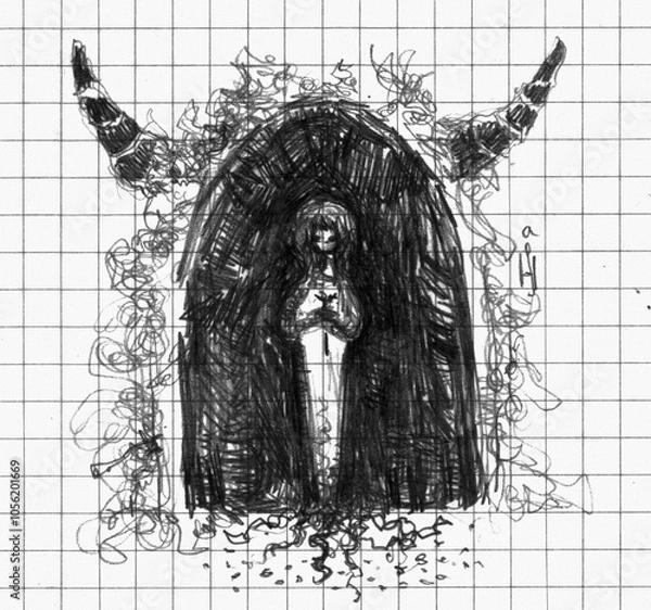 Fototapeta A detailed pencil sketch of a girl with horns in a dark passage, combining gothic and tattoo-inspired art. Perfect for dark fantasy, gothic, and original tattoo designs.