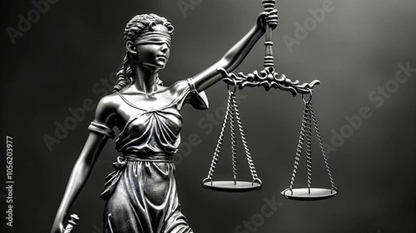 Fototapeta Femida holding balanced scales monochrome 3d rendering image. Old goddess of justice and court trials background wallpaper colorful realistic. Fair judgement for everyone concept idea