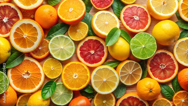 Fototapeta Vibrant assortment of sliced citrus fruits with green leaves for healthy eating and freshness