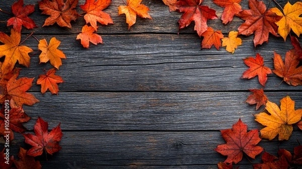Fototapeta top view of wooden rustic background with autumn leaves 