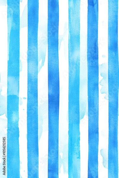 Fototapeta Vertical Stripes pattern, watercolor paintbrush lines, summer blue.