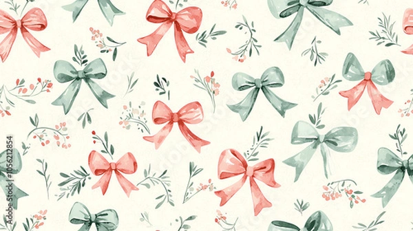 Fototapeta Seamless pattern of pink and green watercolor bows with sprigs