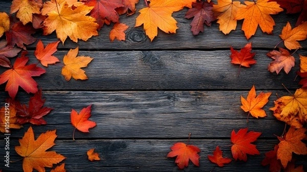 Fototapeta top view of wooden rustic background with autumn leaves 