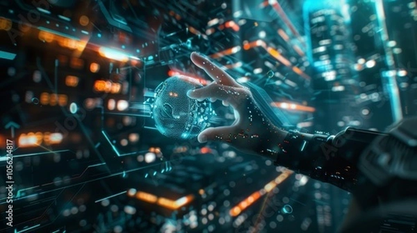 Obraz Robotic hand interacts with a futuristic digital global network interface, symbolizing the control and manipulation of complex technological systems in a rapidly evolving digital world