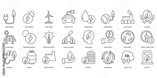 Fototapeta Green energy icons set. Set of editable stroke icons.Set of Green energy