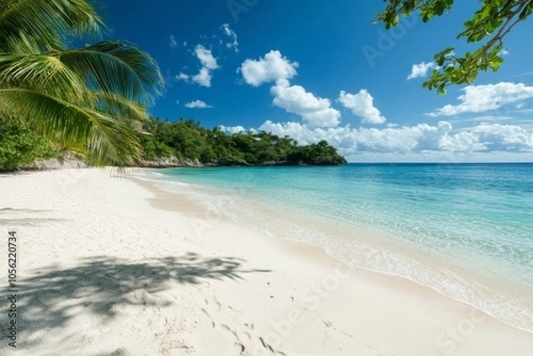 Fototapeta A serene tropical beach setting with crystal clear water and palm trees under a bright sky