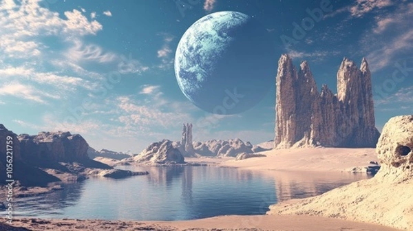 Fototapeta A surreal landscape with a giant blue moon