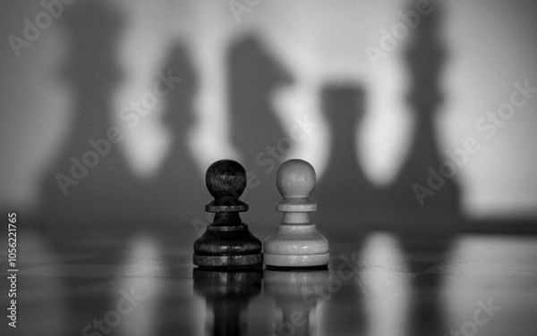 Fototapeta Chess pieces symbolize geopolitical and social relations. Their positions and shadows allow viewers to create their own metaphors and associations. Ideal for various descriptions of social relatitions